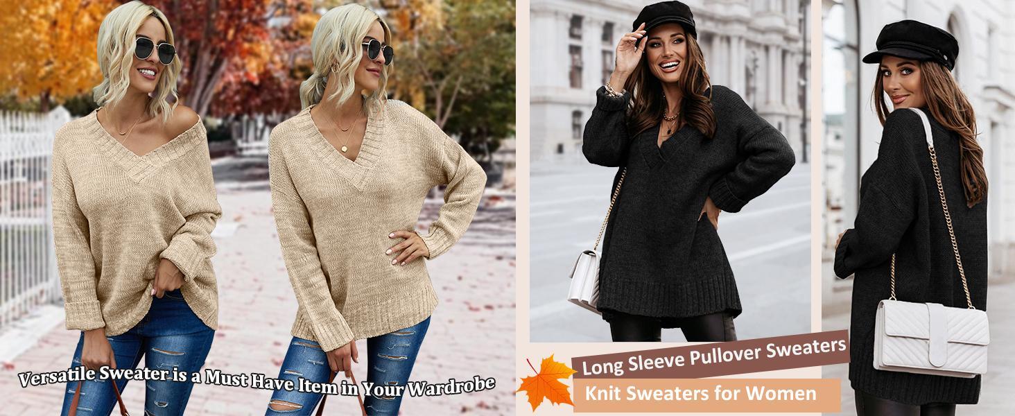 Danedvi Womens Loose Sweaters Sexy V Neck Long Sleeve Solid Knitted Jumper Pullover Sweatshirt Tops Casual Fuzzy Knitwear