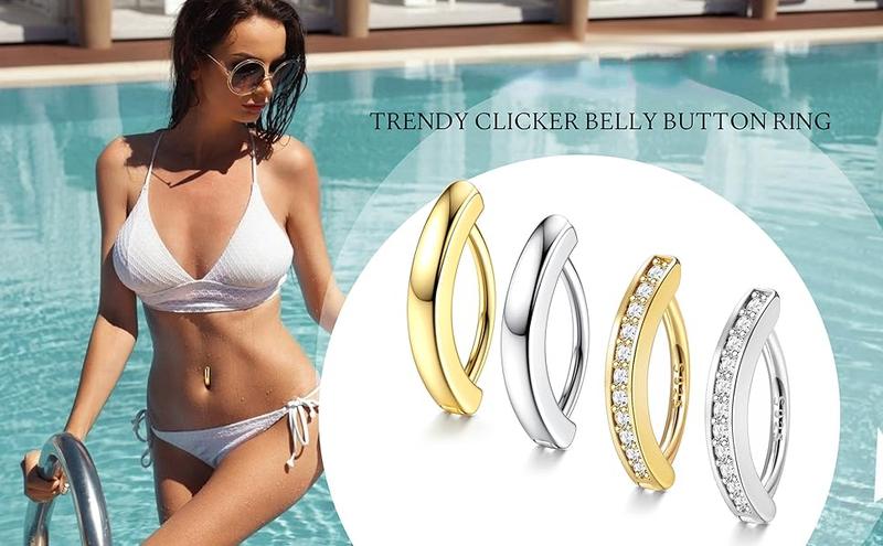 Fansilver 14G Clicker Belly Button Rings for WomenBelly Button Ring Curved CZ Reverse Clip-on Belly Button Ring Barbell Piercing Navel Body Piercing Jewelry 10/12mm