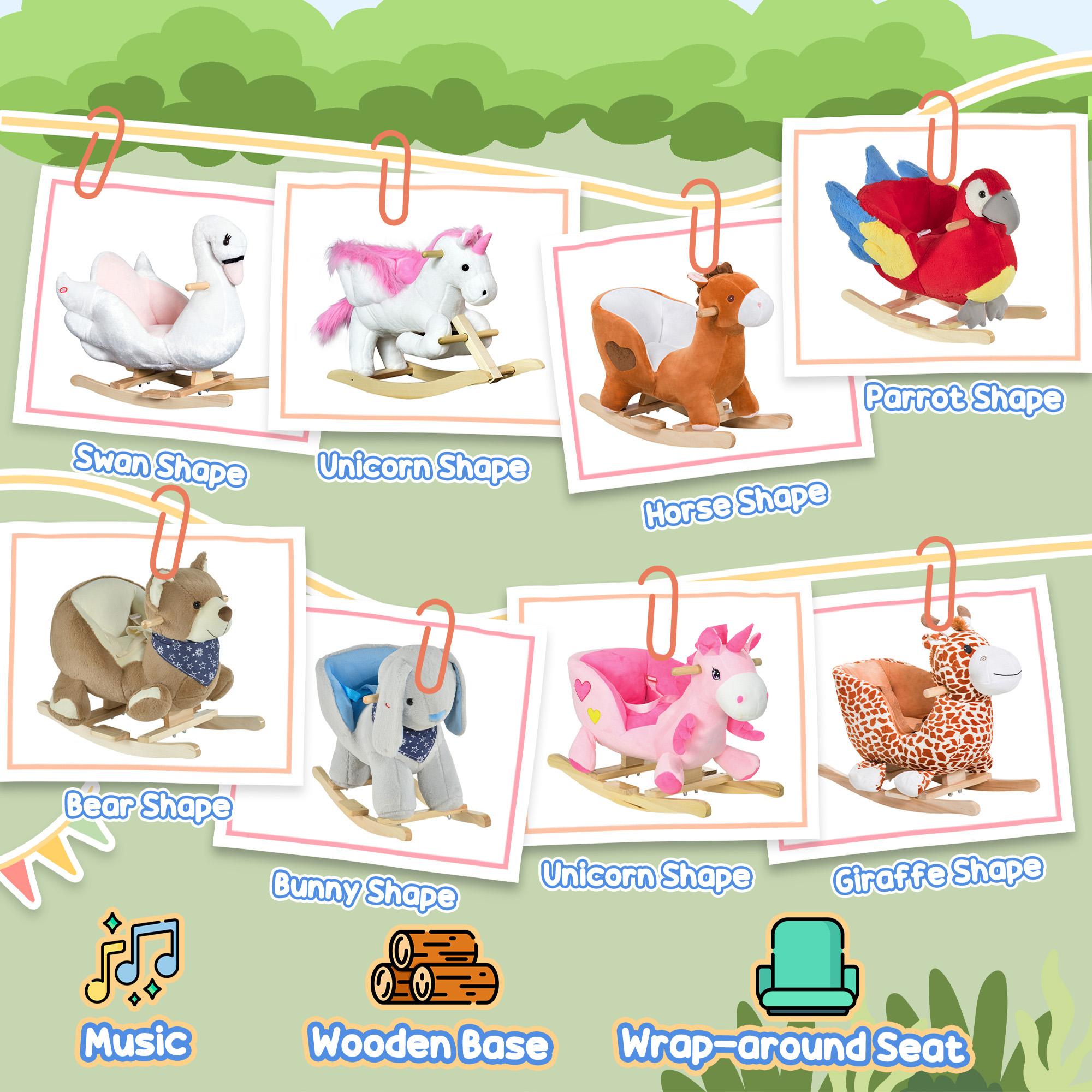 Qaba Kids Ride on Rocking Horse Toy, Plush Stuffed Rocking Animals with Wooden Base, for Boys and Girls Gift