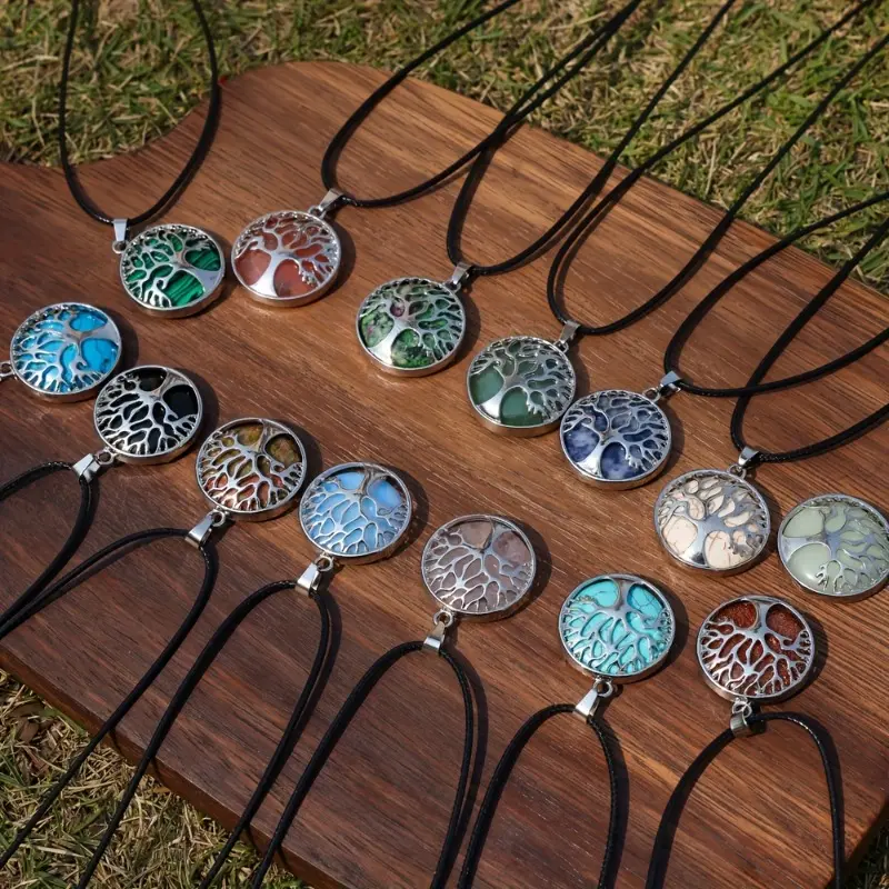 Women's Boho Tree Life Motif Round Glass Bead Pendants Bulk Pack - Beaded Necklace DIY Charms, Assorted Colors, Handmade Necklaces, Valentine’s Day Gift, Casual Wear Accessories