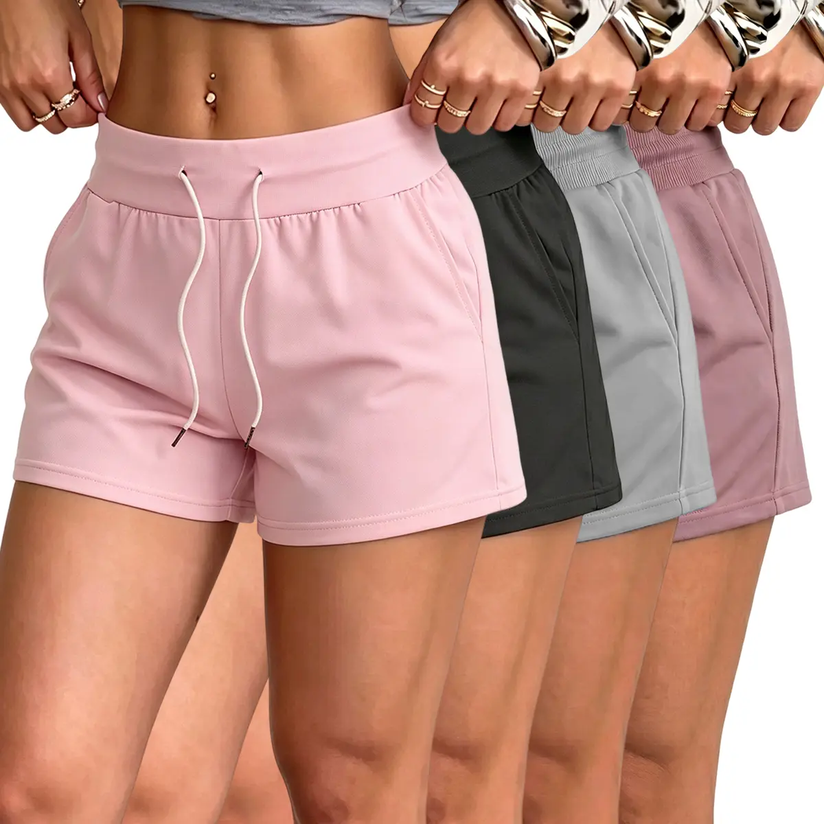 4-pack women’s mid-rise athletic shorts—butter-soft drawstring running shorts with pockets; breathable, slim-fit fitness shorts that are comfortable for yoga and casual summer wear; multifunctional shorts suitable for yoga, running, workouts, and everyday
