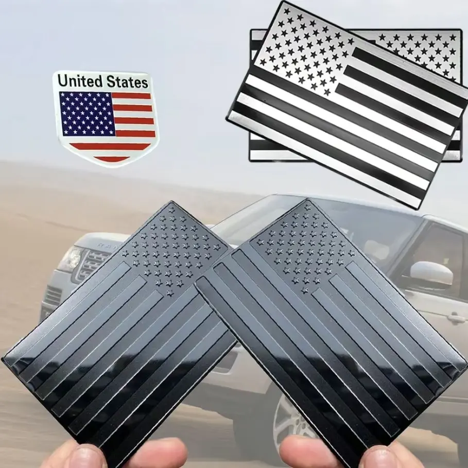 Embossed 3D Metal Matte Black American Flag Emblem Decal Stickers (Set of Two), 5×3 Inches Patriotic US Flag Car Stickers, Bumper Decals for Trucks, Car Windows and Motorcycles Thin show