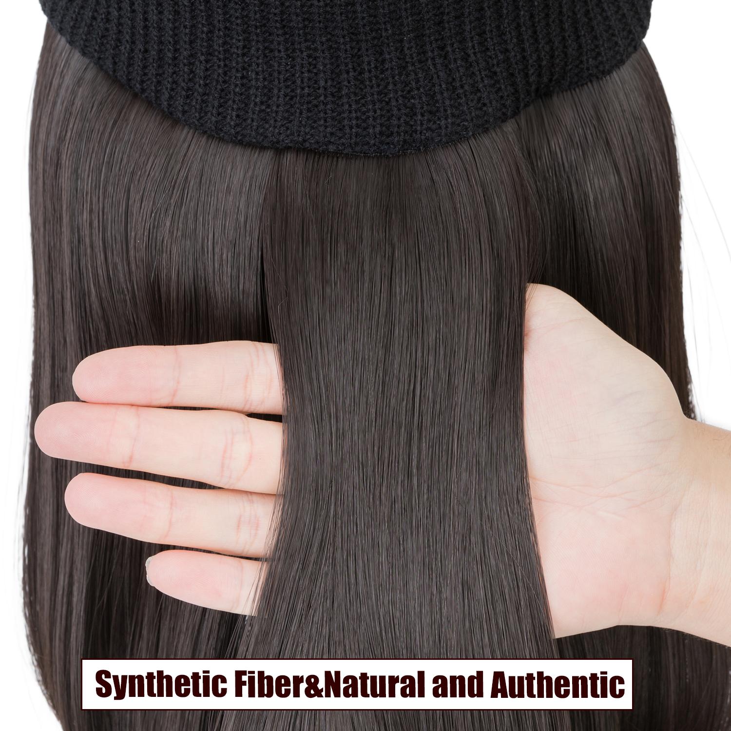11" Knited Hat Wig Beanie Hat With Long Straight High Temperature Fiber Hair Extensions Knit Rib HatAttached Synthetic Hairpiece Elegant Black Warm Woven Wig Cap For Women Fall And Winter Brown Blonde Balayage