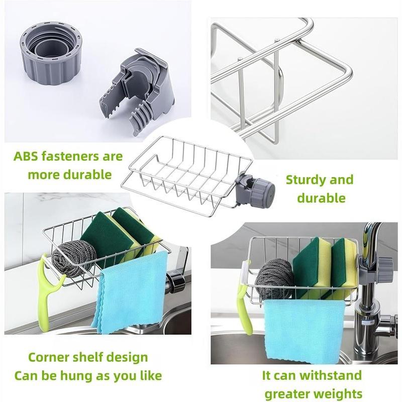 Stainless Steel Sponge Holder for Kitchen Sink – Silver Sink Organizer & Drying Rack for Sponges and Bottles
