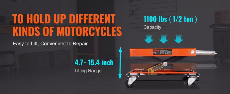 VEVOR Motorcycle Lift, TikTokShopBlackFriday, 1100 LBS Motorcycle Lift ATV Scissor Lift Jack with Dolly & Hand Crank, Center Hoist Crank Stand with Wide Deck & Tool Tray for Street Bikes, Cruiser Bikes, Touring Motorcycles
