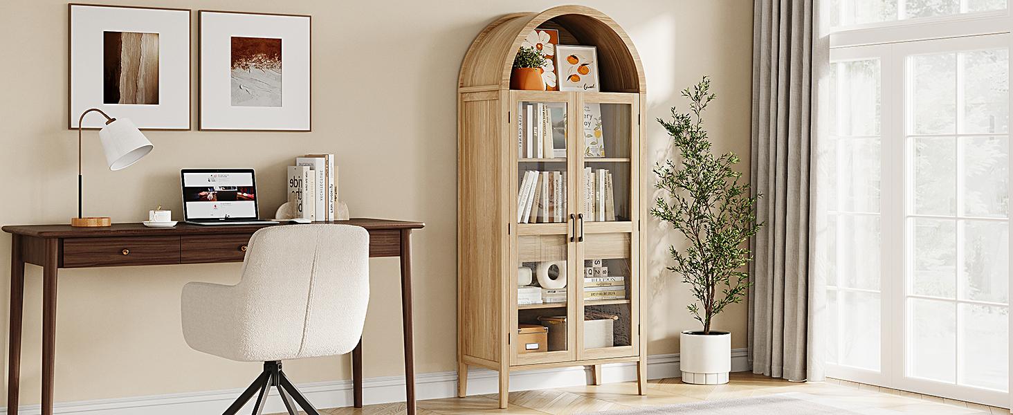 【SPOTLIGHT DAY】ONBRILL 71" High Arched Kitchen Sideboard, 5-Tier Arched Cabinetry Wooden Sideboard with Glass Doors and Drawers, Modern Display Sideboard with Adjustable Legs