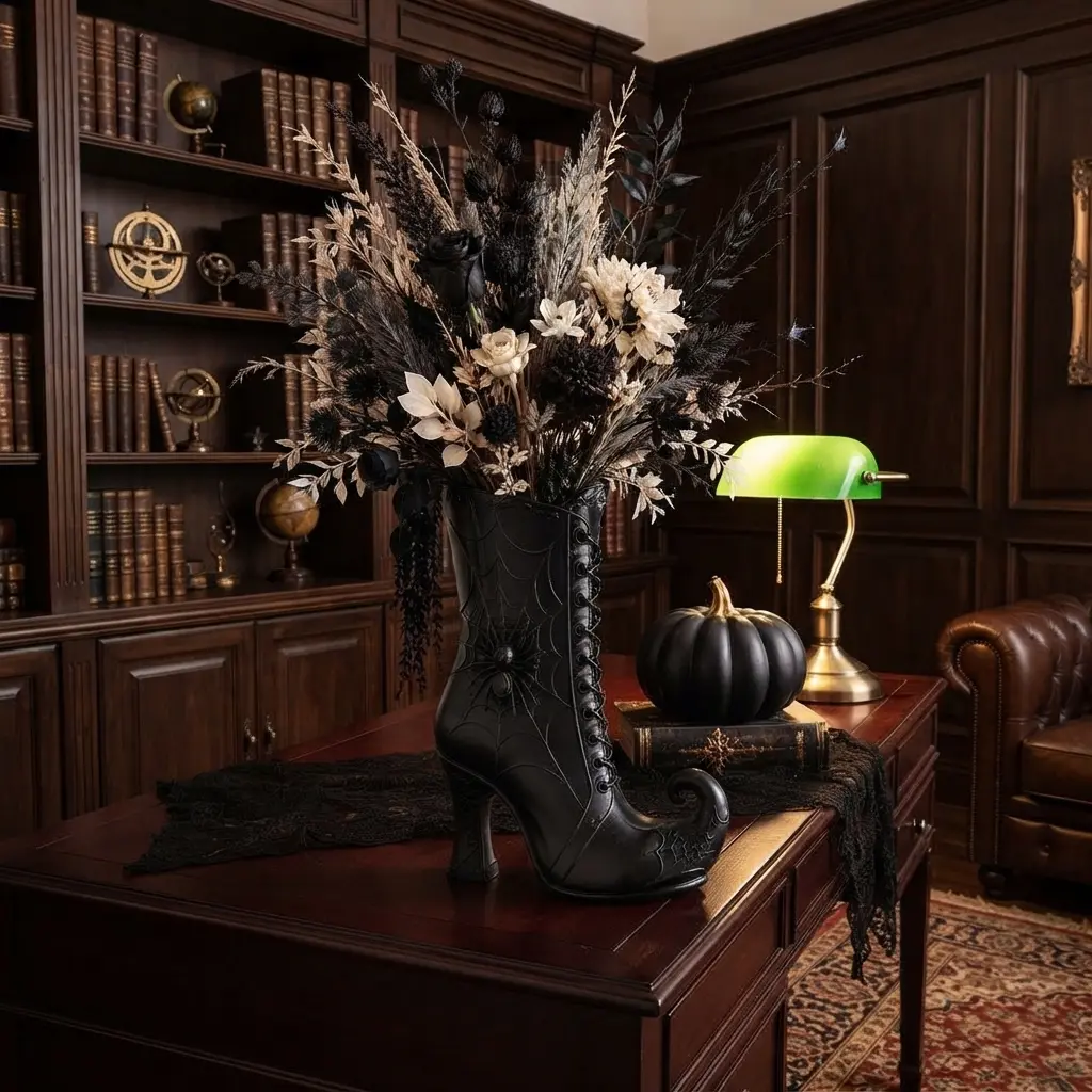 Gothic Spiderweb Boot Vase - Unique Halloween Flower Pot, Spooky Victorian Style Table Decor, Witchy Room Aesthetic, Perfect for Dried Flowers or Fall Centerpieces, Creative Halloween Home Accents, Dark Academia Desk Ornament Decoration