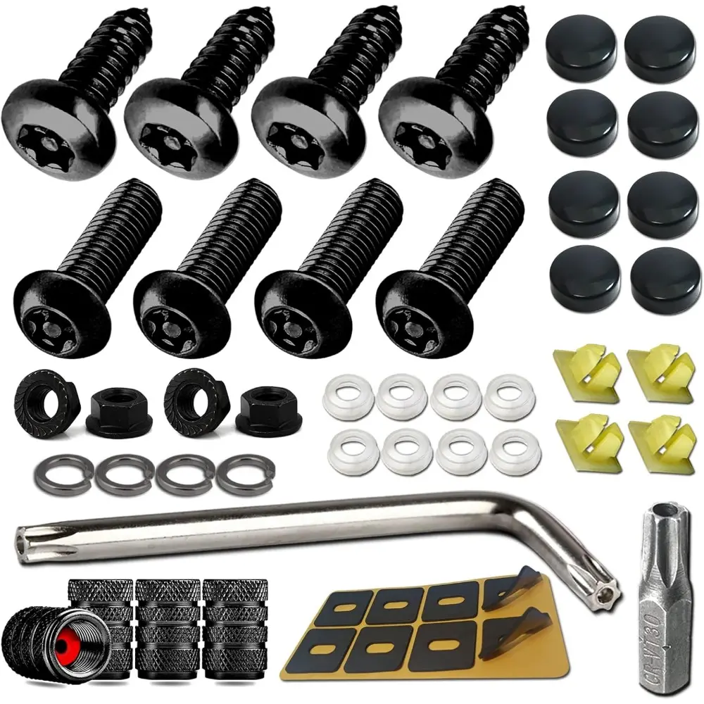 Black Anti-Theft Stainless Steel Rustproof M6 (1/4") Locking Hardware Screws & Bolts for Cars/Motorcycles, 1/4"x3/4" Machine Fasteners for Plate Mounting, with Matte Caps, Inserts, Nuts, Vibration Stop Pad