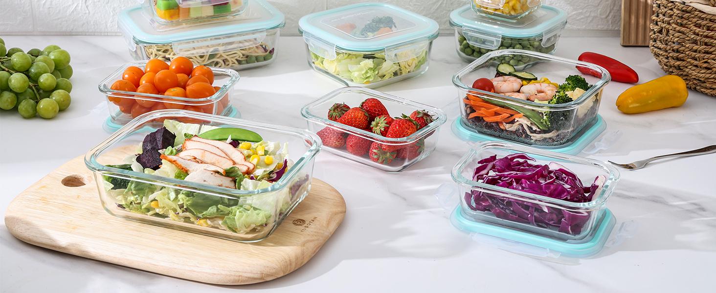AISOON 12/8 PACK Glass Food Storage Containers Set with Lids, Meal Prep Containers, Oven-safe, BPA-Free, Airtight and Leak-Proof, Borosilicate glass