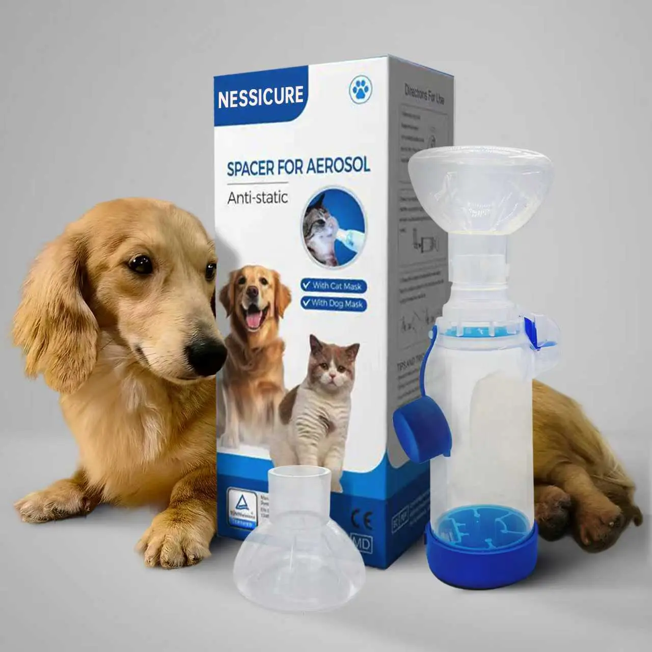 Pet Inhaler Spacer for Cats and Dogs - Universal PVC Anti-Static 1-Chamber Aerosol Chamber with 2-Sized Masks, Breathing Flow Indicator, Compatible with Any MDI for Treating Asthma
