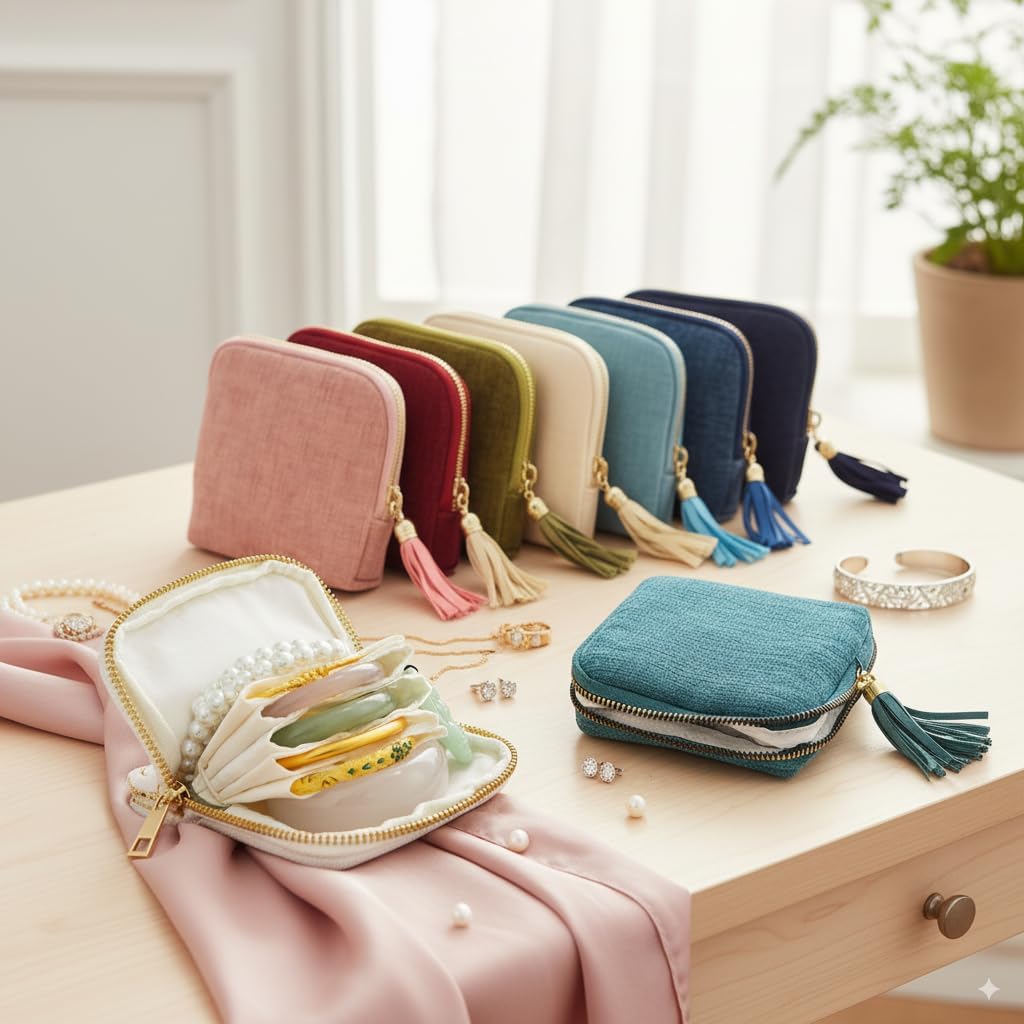 2026 New Travel Jewelry Case, Valentine's Gifts for Women, Portable Organizer for Rings, Bracelets, & Bangles with Tassel Zipper, Elegant Jewelry Roll for Journey, Crystal Jewelry Storage Pouch, Mini, Organized Pockets