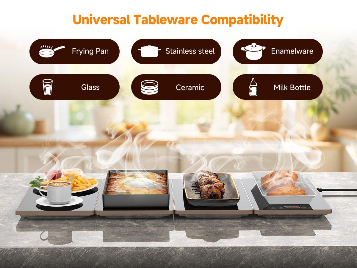 FEPPO Electric Warming Tray, 4-in-1 Food Warmers for Parties Buffet with 10 Temp Settings and Timer, 33"x15" Glass Surface Warming Mat for Food, Modular Buffet Hot Plates for Catering and Gatherings
