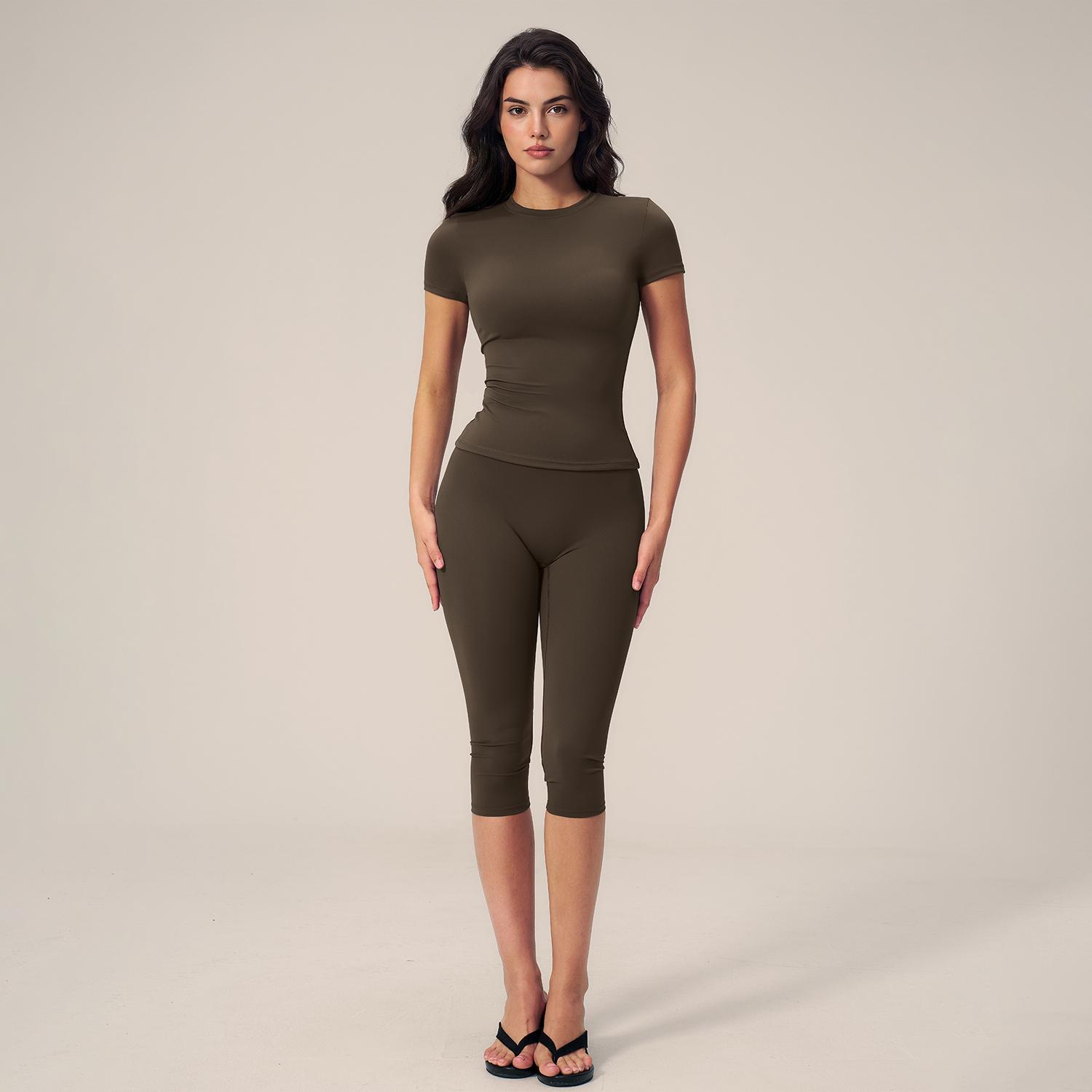 TIMEOFF Women's 2-Piece Yoga Activewear Set - Short Sleeve Round Neck Workout Top, High Waist Capri Leggings with Butt Lifting, Soft Stretchy, Sweat Wicking, Non-See-Through for Gym, Running, Daily Casual, Two Piece Set