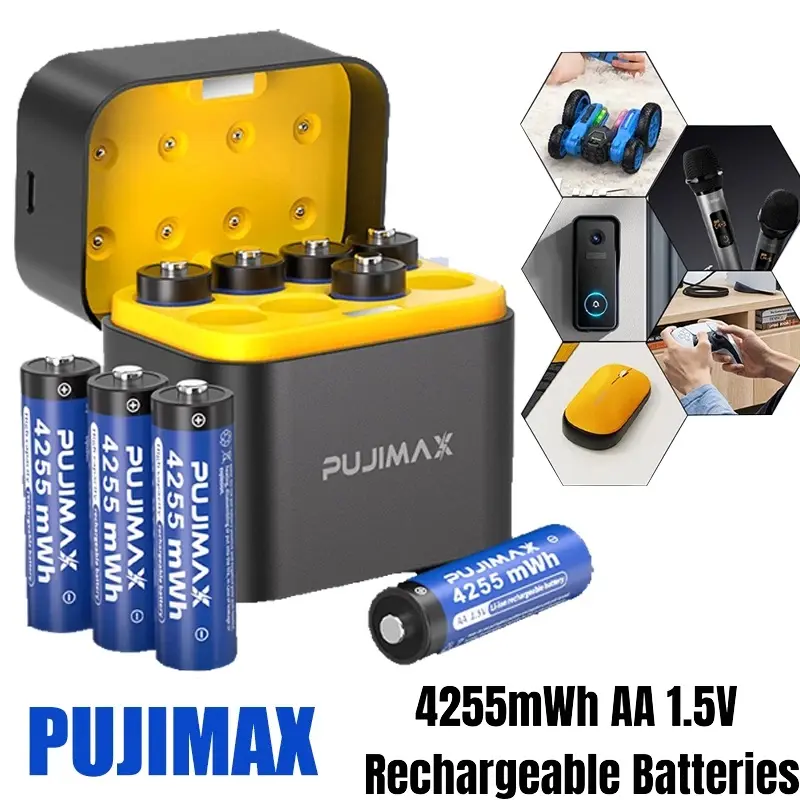 8-Pack High-Capacity 4255mWh 1.5V AA Rechargeable Lithium Batteries with Compact USB Charging Kit, Includes Charging Cable & Storage Solution for Universal Electronics Accessories, Rechargeable Battery Bundle, Camera