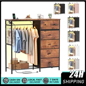 6-Drawer Fabric Dresser with Hanging Rack, Reversible Tall Storage Tower for Kids’ Bedroom, Sturdy Frame, Lockers, Shelves, Charging Stations with LED Lights, 6-Drawer Capacity Small Closet