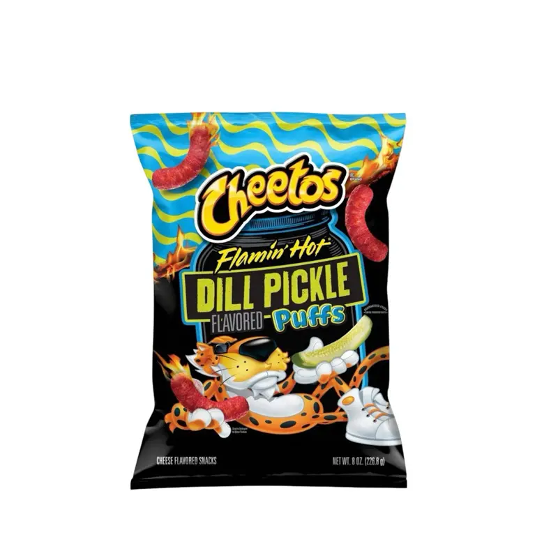 Cheetos Flamin' Hot Pickle Flavored Artificial Crunch Puffs - Single Bag (8 oz) Standard Size Food, Popular Spicy Trending Snacks