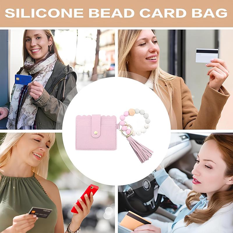 【2026 Womens Gift】Women's Smart Card Wallet，Fashion Beaded Decor Pu Leather Keychain,Card Capacity | ID Window | Cash Slot vintage wallet fashionable small pu leather wallet