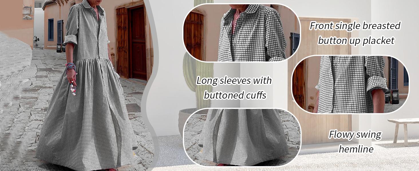 Chouyatou Women's Vintage Plaid Shirt Dress Loose Long-Sleeved Checkered A-Line Maxi Dress SpringStatements