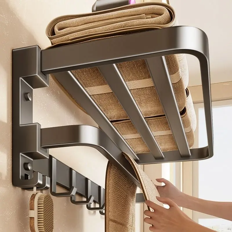 Wall-Mounted Gunmetal Gray Towel Rack 60cm (23.6in) with 5 Hooks, Space Aluminium Bathroom Shelves, Adhesive No-Drill Modern Straight Design