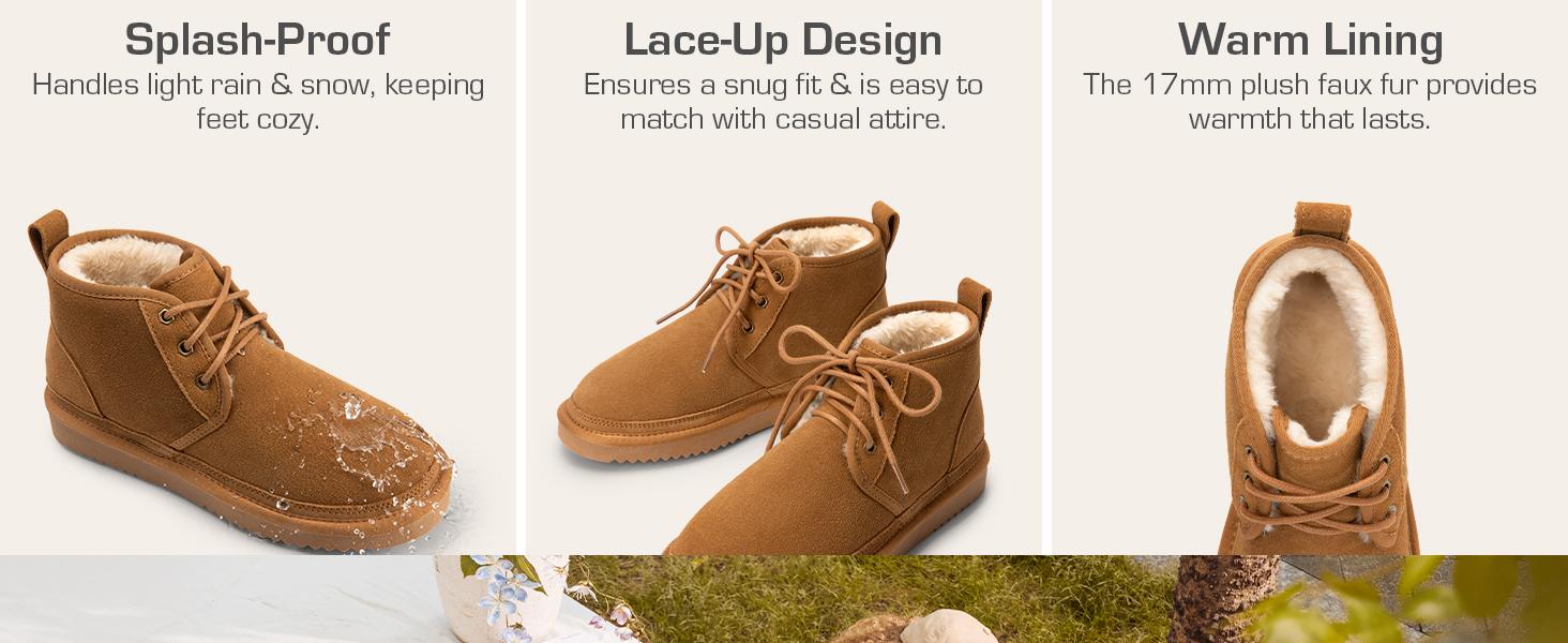 Dream Pairs FuzzyGo Lace-Up Ankle Winter Booties – Genuine Suede, Faux-Fur Snow Collar, Warm Cushion