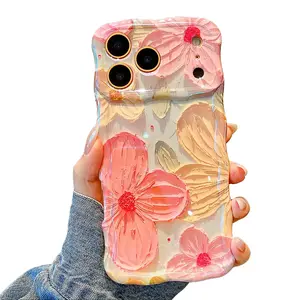 Colorful Oil Painting Case for iPhone 17 Pro Max 17 Air 16 15 14 13 Pro Max 16 Plus with Flower Pattern Cute Curly Wave Frame Phone Case Protection, Gift for Girls & Women