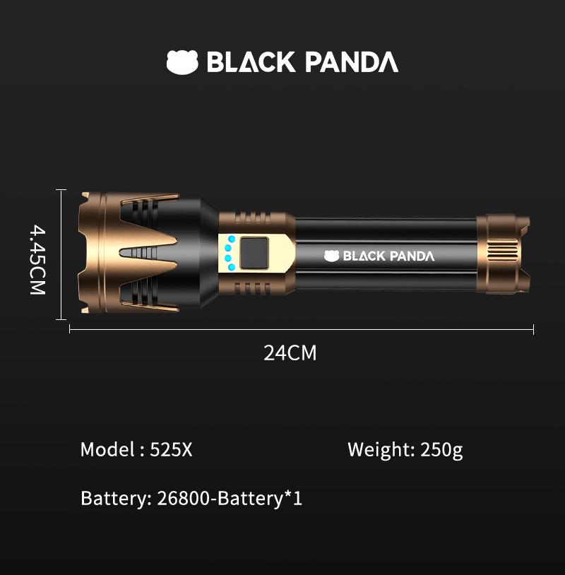 Black Panda Pro High-Brightness Rechargeable Camping Flashlight, Outdoor Searchlight, 5500mAh Battery Capacity, Water resistant , USB Charging, Zoomable Focus