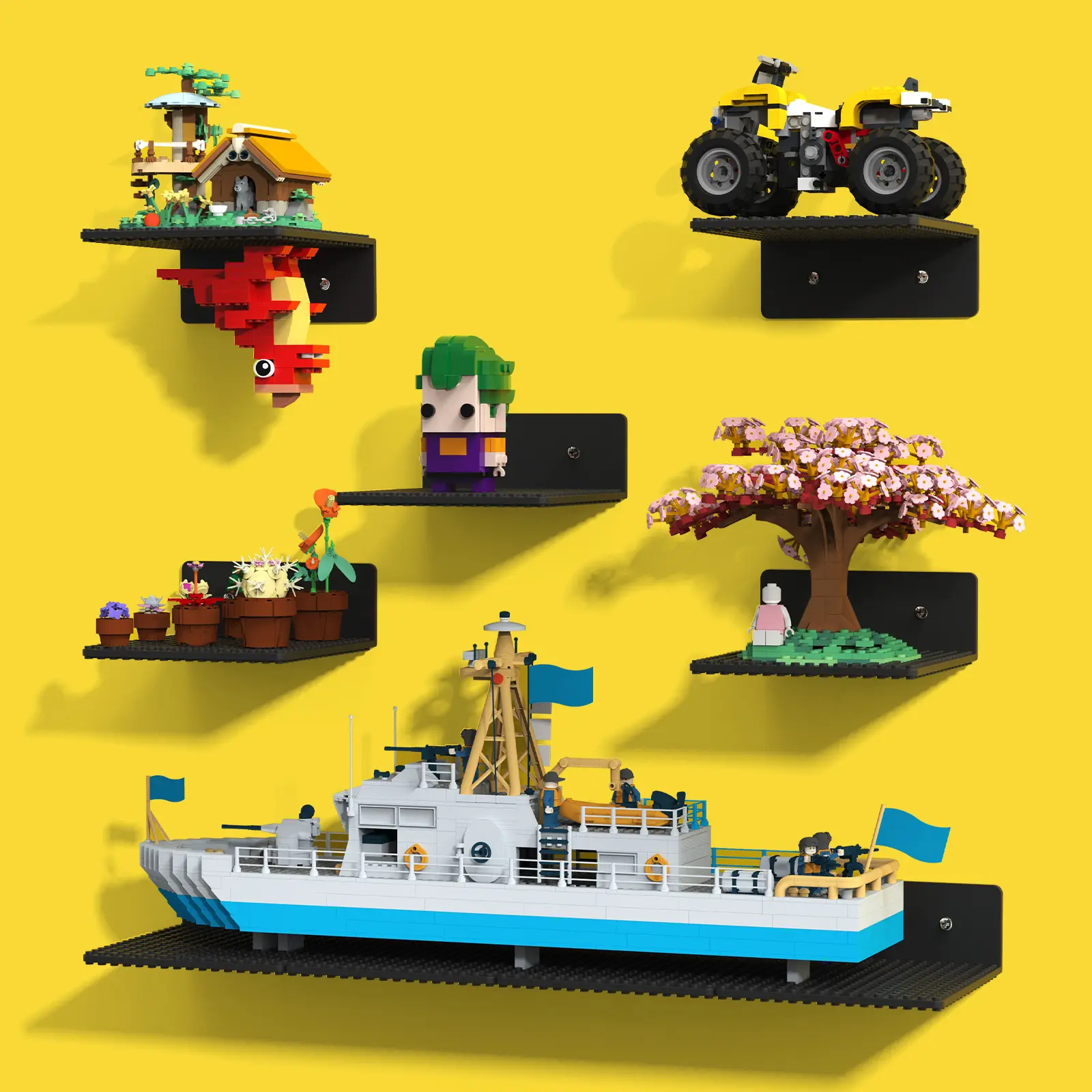 BlissBox 9-Pack Building Block Display Floating Shelf, 16x17 Studs Double-Sided Wall Mount Shelves for Minifigures & Collectibles, Aesthetic Room Decor & Organization