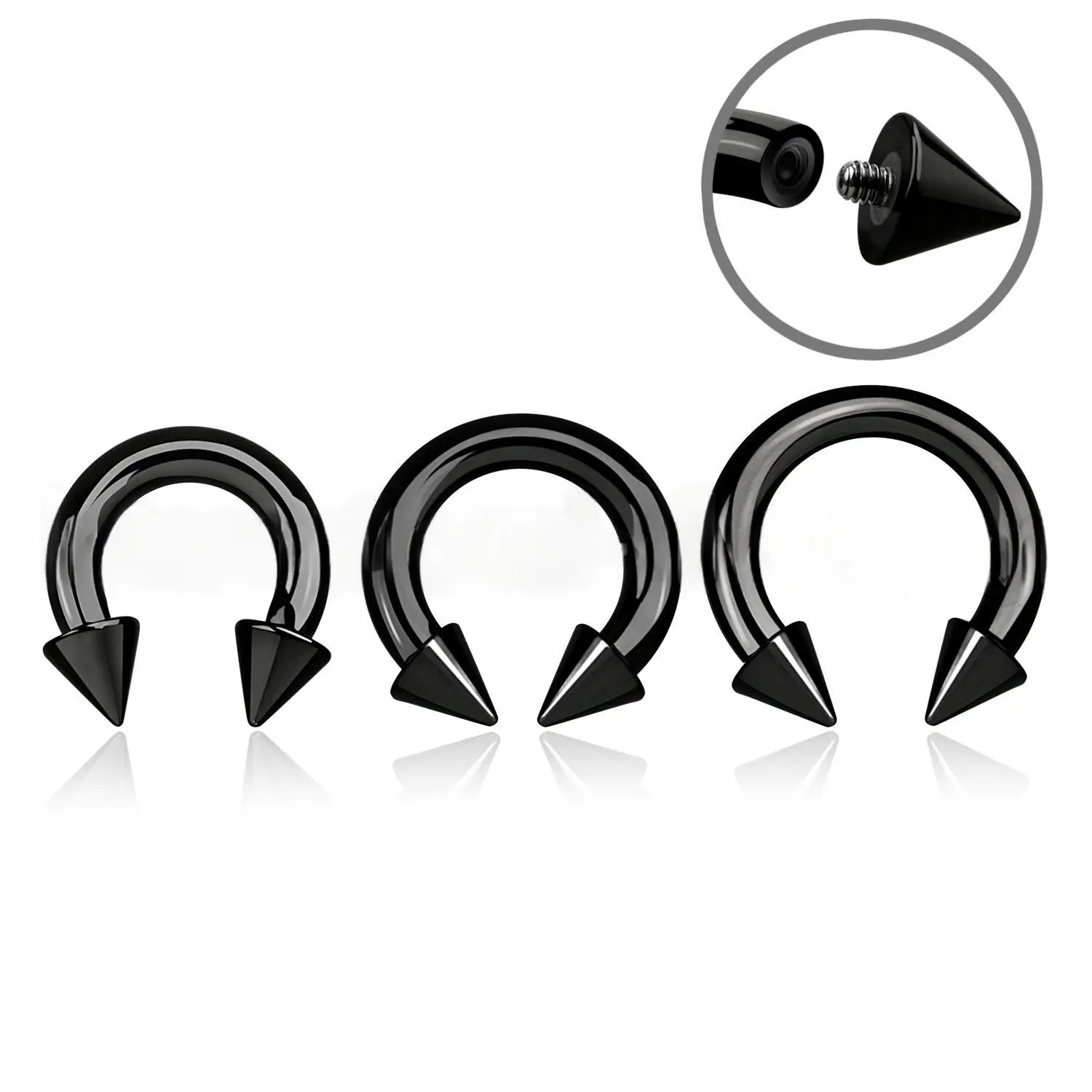 12G to 00G Circular Barbell Surgical Steel PVD Black Horseshoe Ring with Spikes