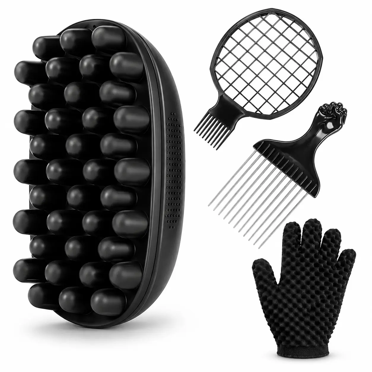 Hair Styling Tool Set for Curly Hairstyles & Volume, 4pcs Multifunctional Wet/Dry Kit for Coily, Afro & 4C Hair with Twist Brush, Afro Pick & Scalp Massager, Mesh, Massages, Home/Travel, Volumizes, Barbershop Use, Brush / Comb / Glove Set