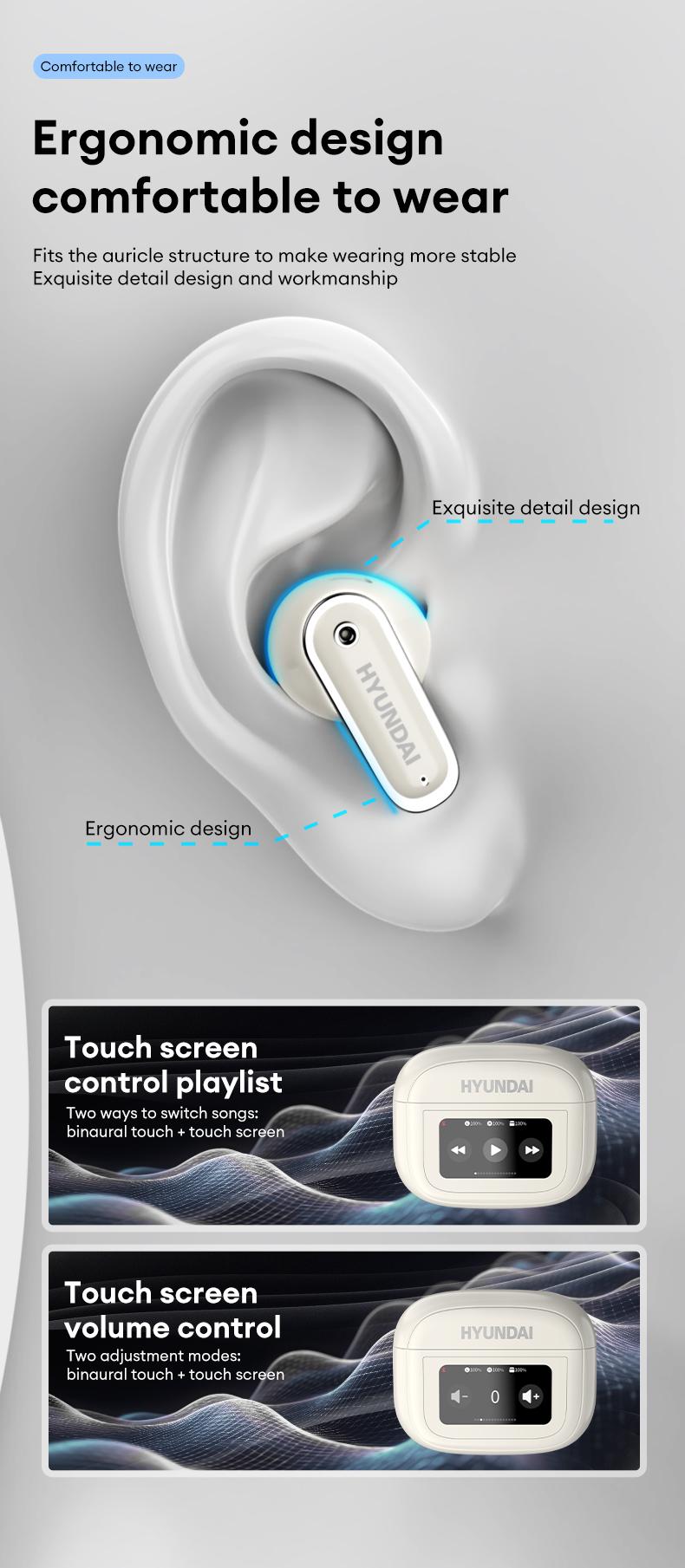 HYUNDAI Y22 In-Ear Wireless Headphones with 2025 Bluetooth 5.4, Touch Smart Screen, ANC Noise Reduction, Anti-Loss Function, High-Fidelity Audio Decoding, Ergonomic Comfortable Fit, Compatible with Mainstream Devices, Earbuds for Music & Calls