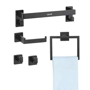 VEVOR Matte Black Bathroom Hardware Set,  5 Pieces Bathroom Accessories Set, Stainless Steel 16 inch Towel Bar, Towel Rack, 2 Robe Towel Hooks, Toilet Paper Holder for Bath Room, Wall Mounted