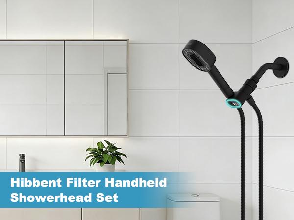 Hibbent Upgraded Filtered Handheld Shower Head, High Pressure 5 Sprays Handheld Showerhead with Filter, Remove Chlorine, Shower Head Holder with LED Display, Brass Pivot Bracket, 59'' Hose,Water-powered Battery-free Black