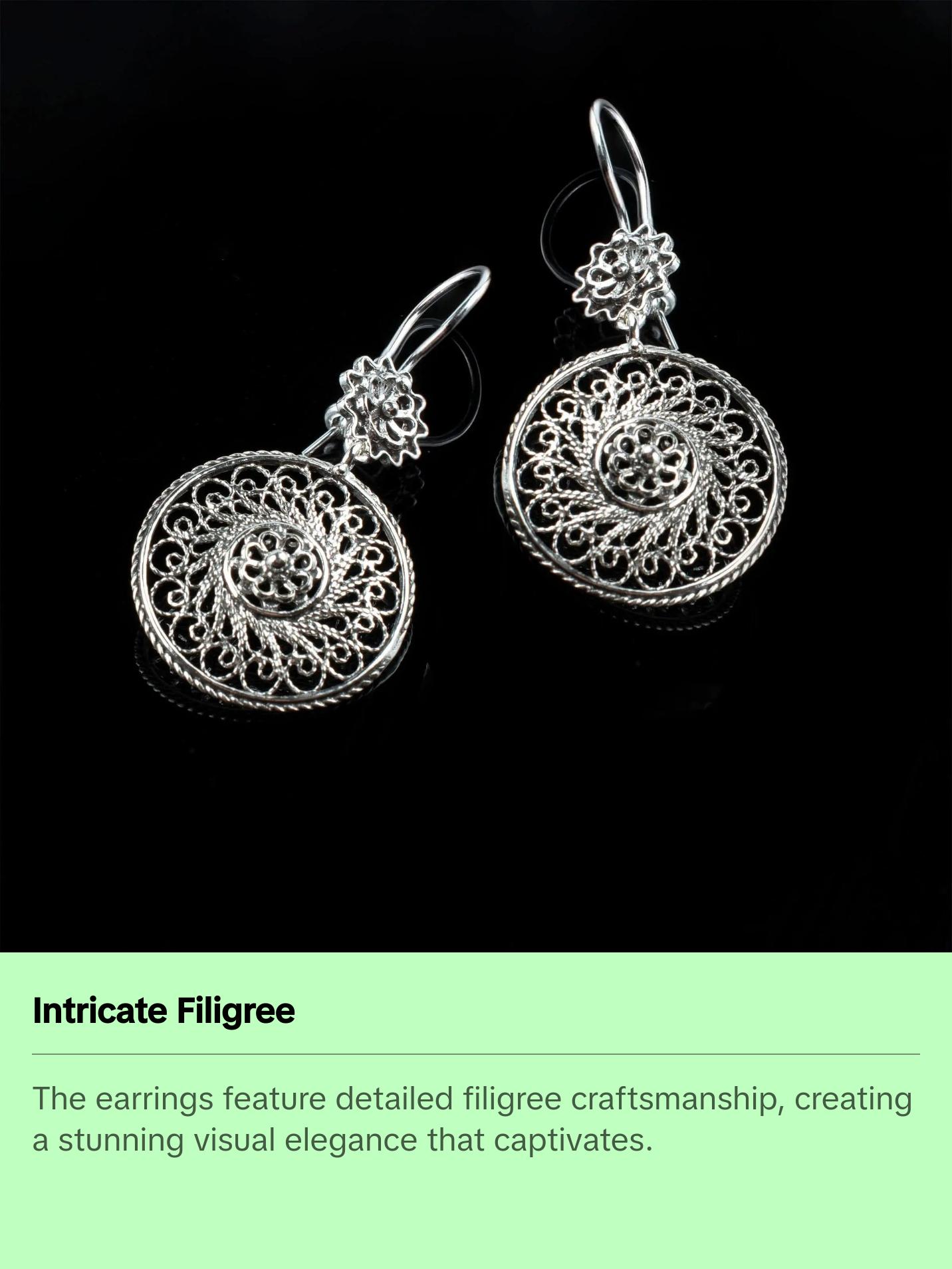 Filigree Art Spiral Flower Figured Women Sterling Silver Dangle Drop Earrings