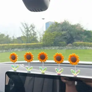 Cute bobblehead sunflower car ornament, healing and fresh floral decoration for car dashboard and rearview mirror, sway design