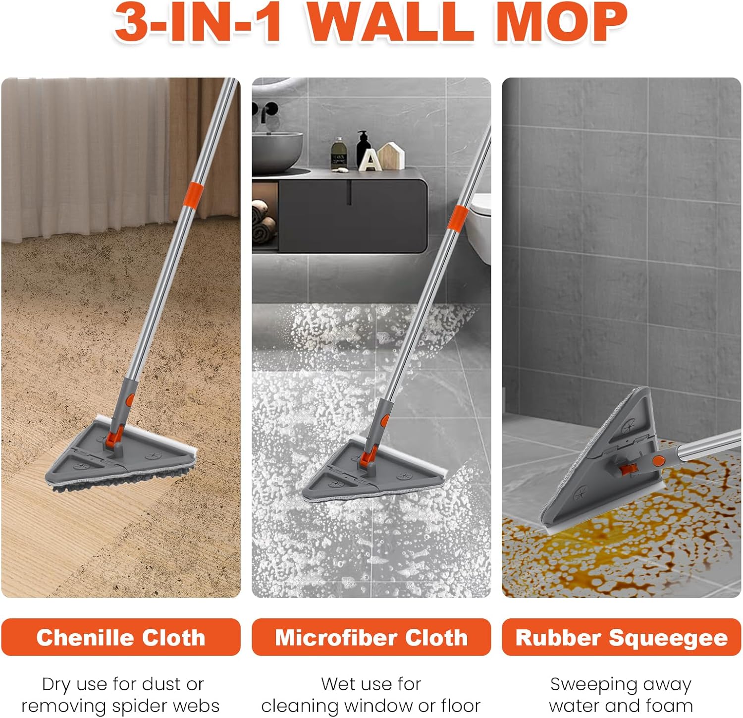 Wall Cleaner Mop with Long Handle 82 Inches, 3-in-1 Ceiling Duster with 6 Microfiber Chenille Pads, Baseboard Cleaner Tool with Squeegee, Mop for Wall Cleaning, Windows, Baseboards, Ceilings Wall Cleaner Mop with Long Handle 82 Inches, 3-in-1 Ceiling Duster with 6 Microfiber Chenille Pads, Baseboard Cleaner Tool with Squeegee, Mop for Wall Cleaning, Windows, Baseboards, Ceilings