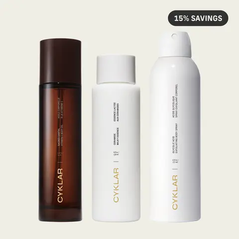 Sacred Santal Smooth Skin Set – Includes Glycolic Acid Exfoliating Body Spray, Ceramide Milky Essence, Vitamin C Body Oil