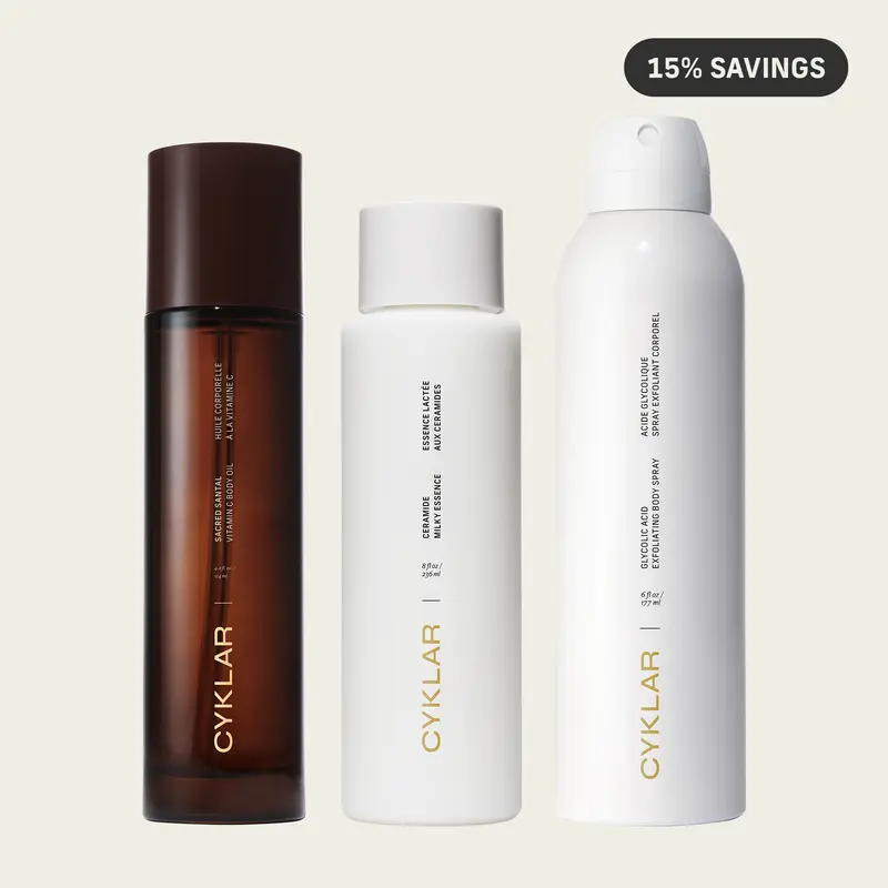 Sacred Santal Smooth Skin Set – Includes Glycolic Acid Exfoliating Body Spray, Ceramide Milky Essence, Vitamin C Body Oil