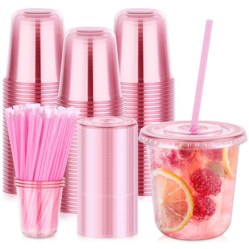 Valentine's Day 50Pack 12oz/16oz Pink Plastic Party Cups with Lids and Straws,Disposable Iced Coffee Cup with Lids,Round Bottom Drinking Cups for Birthday Wedding Valentine's Galentine's Bachelorette Party
