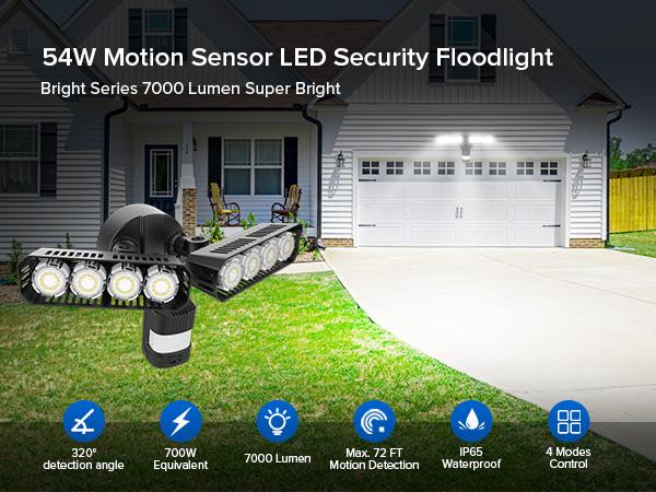 SANSI Super Bright  54W LED Security Lights Motion Sensor Flood Light Outdoor, 7000LM, 700W Equiv 5000K IP65 Waterproof, 4 Head Dusk to Down Floodlight for Garage, Yard, Porch，Hardwired Upgraded Energy Efficient Sidewalk Driveways Patio