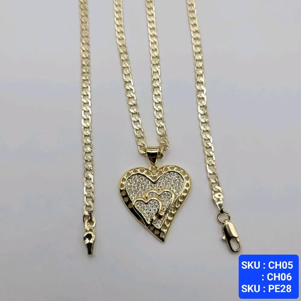 Heart Pendant with Clear Stones Cuban Link Style Diamont Cut 24 & 18 Inches Chains 4mm Laminated Gold Finish Jewelry SKU CH05 CH06 PE28