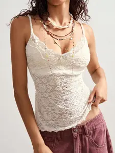 OFFGRID x Bohemela Boho Summer Vacation Style Solid Color Paisley Jacquard Knit Camisole For Women Lace