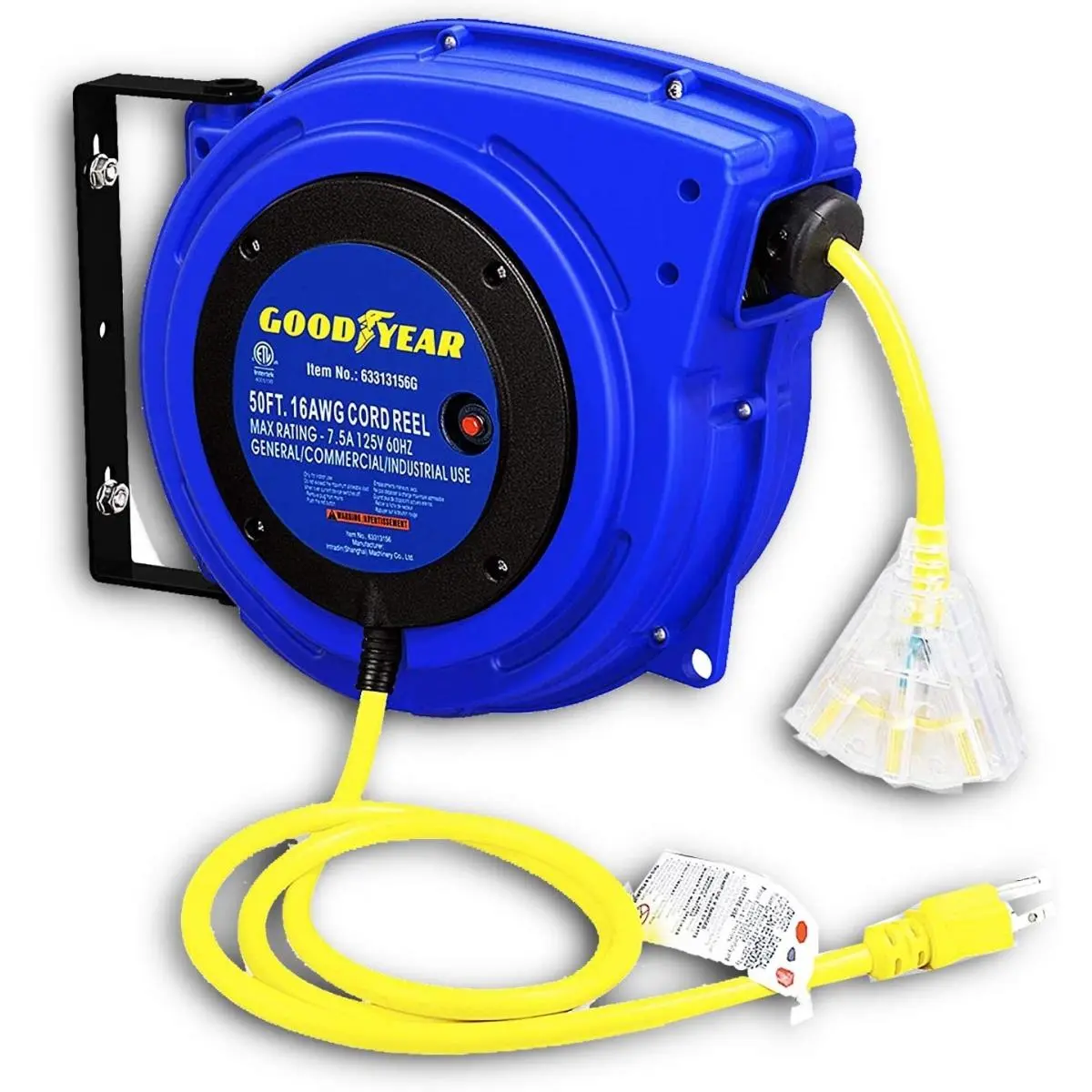 Goodyear Commercial Retractable Polypropylene Extension Cord Reel, 16AWG x 50' Cable, 2 Non-Snag Rollers, 3-Prong Plug, 36-in Lead-In Cord, Outdoor Safe, 12.17 lbs, 125VAC, for DIY Users, 36-Inch
