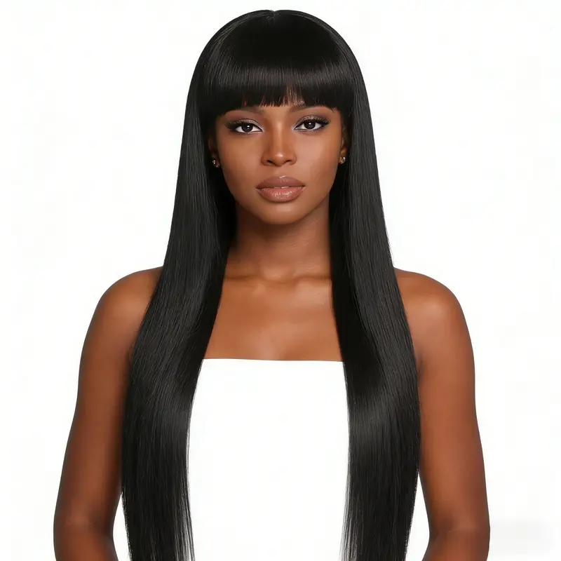 Bone Straight Hair Wig with Bangs 22 Inch Synthetic Yaki Straight Wig for Women Wear and Go Glueless Wig