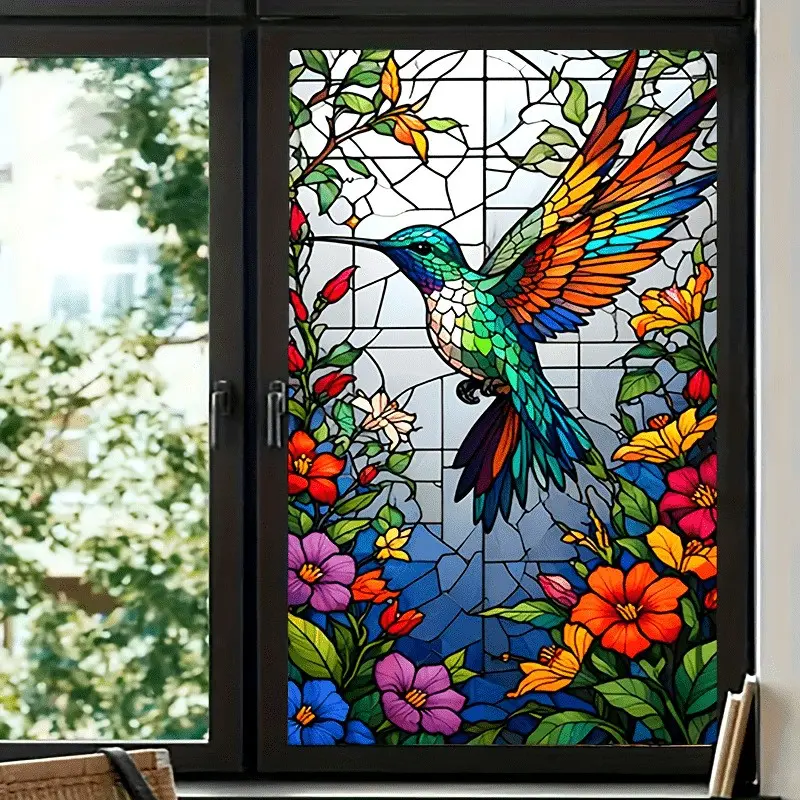 2D Colorful Hummingbird Pattern Window Stickers, Vintage Elegant Decorative PVC Static Glass Decals, Removable Home & Commercial Use, Window Decals For Glass Windows