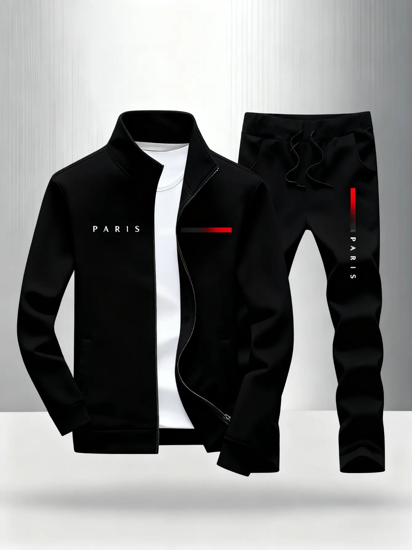 Men's new casual sports set, including a comfortable zipper jacket and loose fitting pants, adorned with the word "Paris" and fashionable red and black stripes, is perfect for occasions such as Halloween, Christmas, Thanksgiving, etc. fathersdaygift Athle