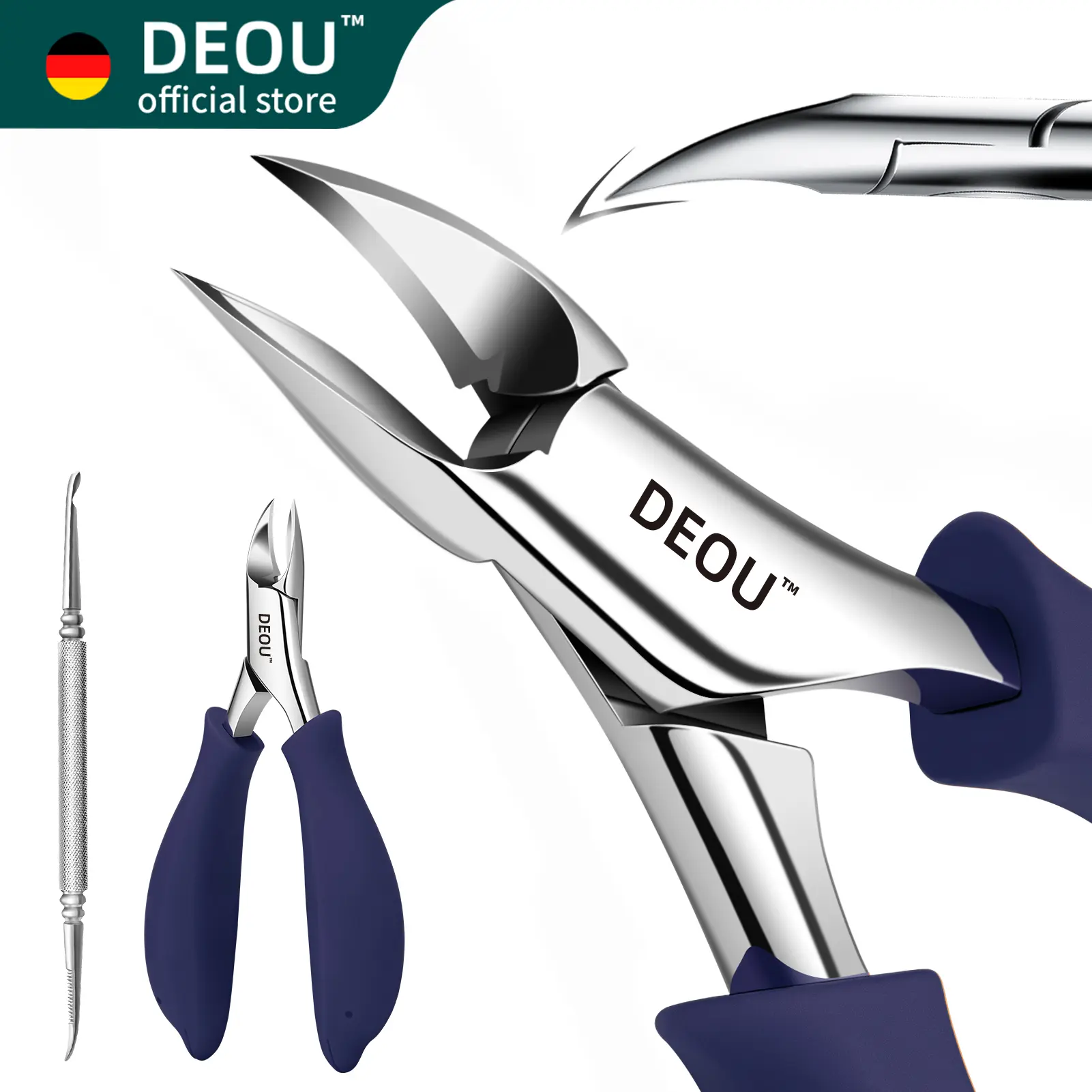 DEOU Podiatrist Level Thick Ingrown Toenail Clippers Set, Heavy Duty Pedicure Tool with Ingrown Nail Lifter for Paronychia Care, Dark Blue