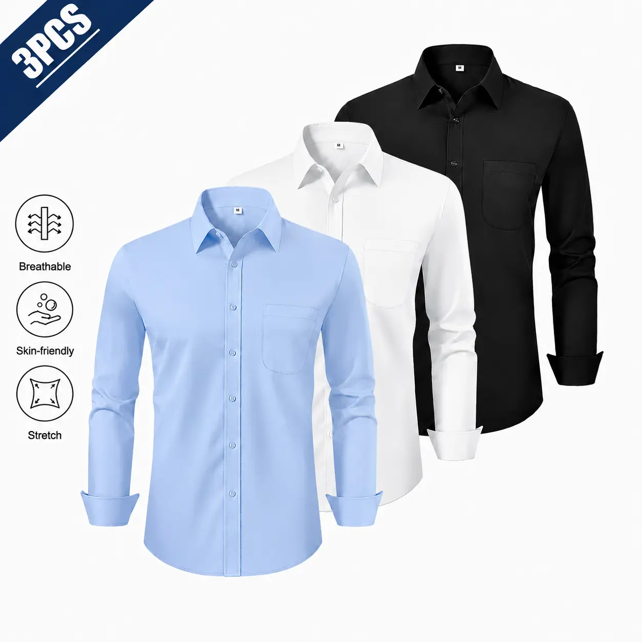 Alimens&Gentle Men's Dress Shirts 4-way Stretch Long Sleeve Collared Solid Wedding Dating Button Down Shirts Business Casual Breathable Outfits Menswear
