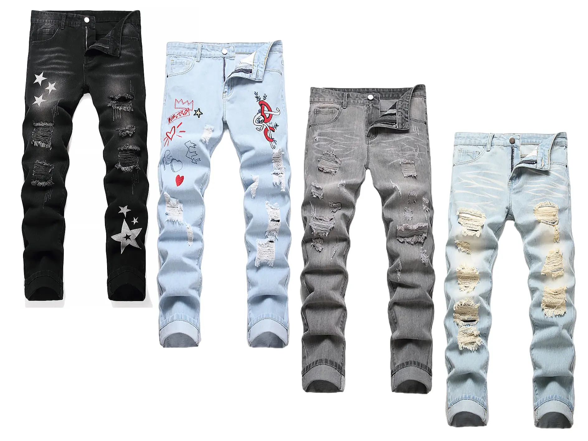 Men's Y2K Ripped Denim Jeans - Aesthetic Menswear Casual Street Style Pants with Graphic Embroidery, Breathable Fabric, Blue Grey Black All-Season Comfy Trousers, Sizes 28-38
