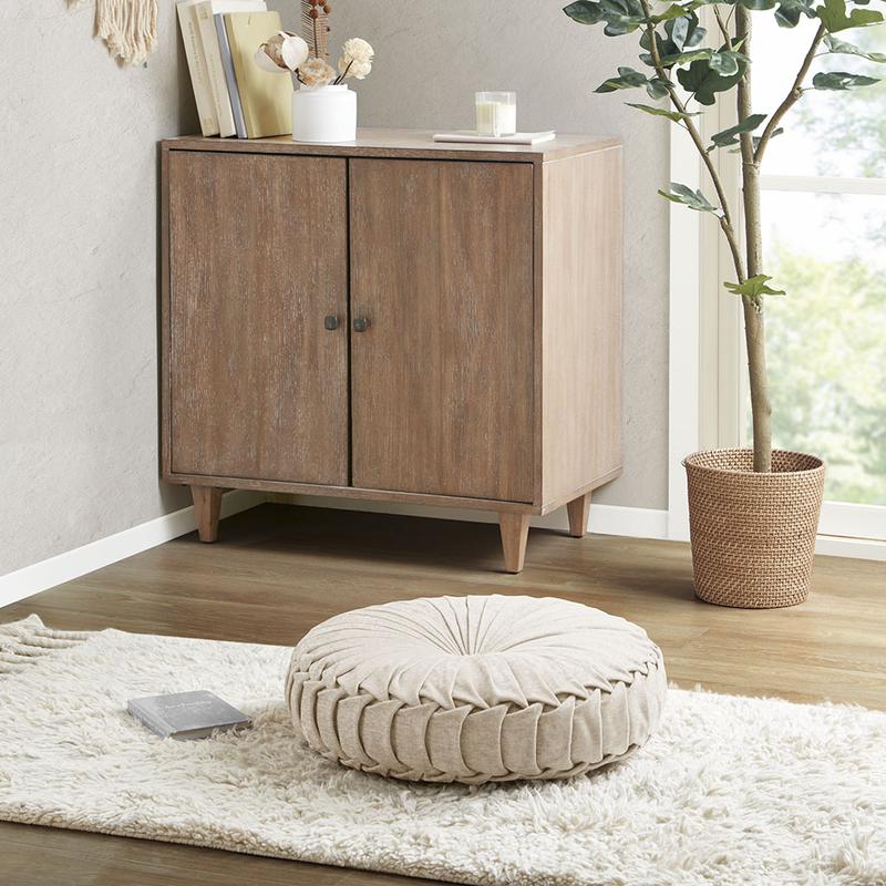 Intelligent Design Chenille Round Floor Pillow Meditation Cushion, Soft Color & Natural Luster Button Tufted with Elegant Pleated Details, Dia 22"x6"H