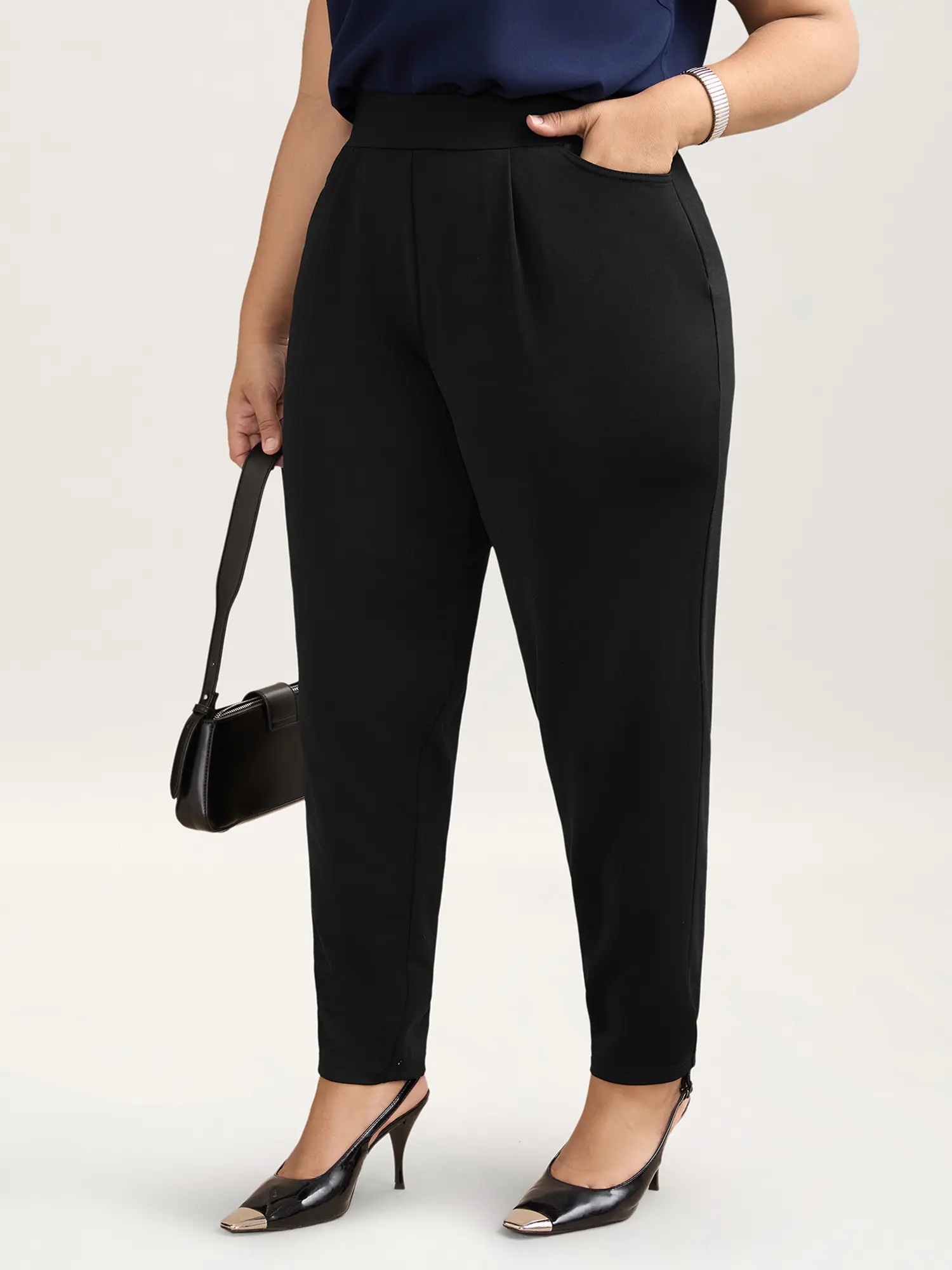 BLOOMCHIC Women's Plus Size Wide-Leg Garment Pants - Black Mid-Rise Polyester Blend with Stretchy Waist, Pocket, Full-Length Plus Size Basics for Leisure, Office Wear,clothes for back to school,first day of school outfits